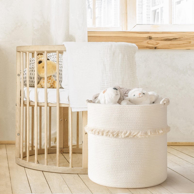 CherryNow Extra Large Woven Storage Baskets â€“ 17'' x 16'' Cotton Rope Decorative Hamper for Magazine, Toys, Blankets, and Laundry, Cute Tassel Nursery Decor - Home Storage Container Off-white - Image 5